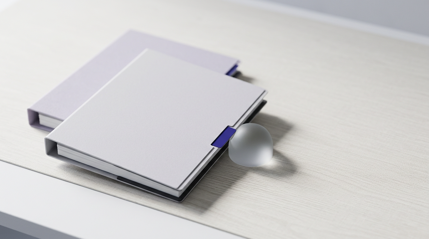 Editorial still life of a boardroom table with two mismatched printed board packs beside an indigo folder