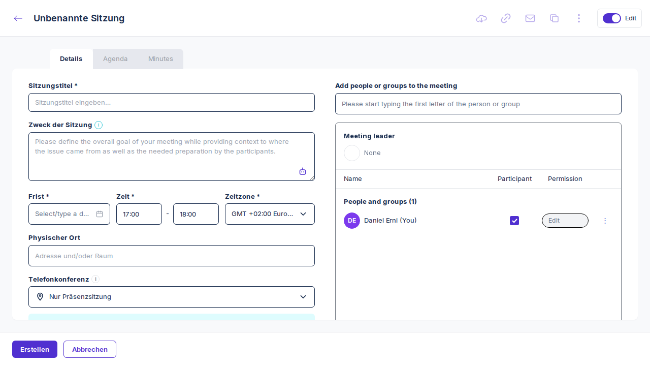 Leeres Details-Formular mit Sitzungstitel, Zweck der Sitzung, Frist, Zeit und Zeitzone