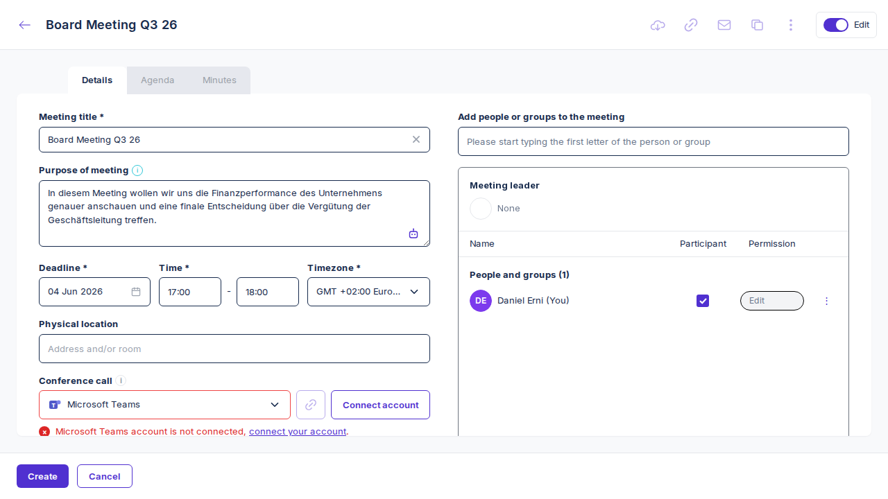 Details form with Microsoft Teams selected and not-connected warning